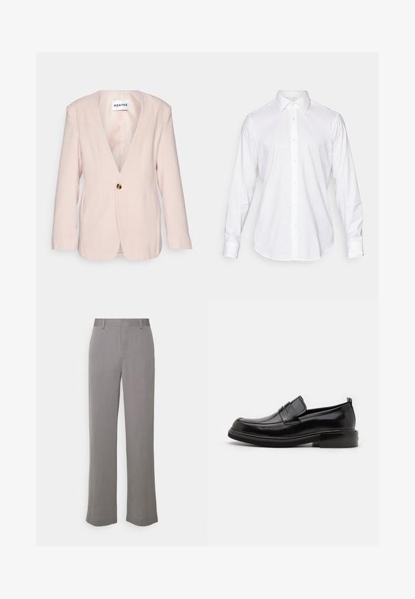 Blazer rose clair avec un décolleté en V profond, fermeture à un bouton doré unique et manches longues. Présente une coupe ajustée et une texture subtile.; Chemise blanche à manches longues et à col classique, en tissu lisse, avec une patte de boutonnage à l'avant comportant de légers boutons arrondis.; Tiger of Sweden TREY - Pantalon classique - grey shadow; Calvin Klein MOCCASIN - Mocassins de ville - black