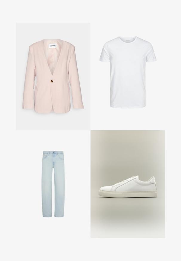 Blazer rose clair avec un décolleté en V profond, fermeture à un bouton doré unique et manches longues. Présente une coupe ajustée et une texture subtile.; T-shirt à col rond à manches courtes de couleur blanche unie, fabriqué en coton doux, avec un design simple sans motifs ni accents visibles.; Jean en denim bleu clair avec coupe droite, fermeture avant par bouton et zip, passants pour ceinture, et poches avant.; Baskets blanches basses à lacets sur l’avant et semelle épaisse, vues de côté sur un fond neutre.