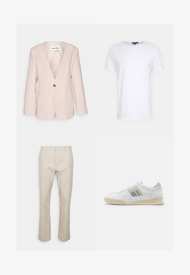 Blazer rose clair avec un décolleté en V profond, fermeture à un bouton doré unique et manches longues. Présente une coupe ajustée et une texture subtile.; T-shirt en coton blanc avec un col rond, des manches courtes et une coupe droite. Présente une texture simple et lisse, sans motifs supplémentaires.; Pantalons en lin beige avec jambes droites, poches avant et texture lisse. Design minimaliste ; sans motifs ou éléments visibles.; Basket en cuir blanc avec une semelle crème, des accents de rayures multicolores sur le côté et un logo "PS Paul Smith" en doré.
