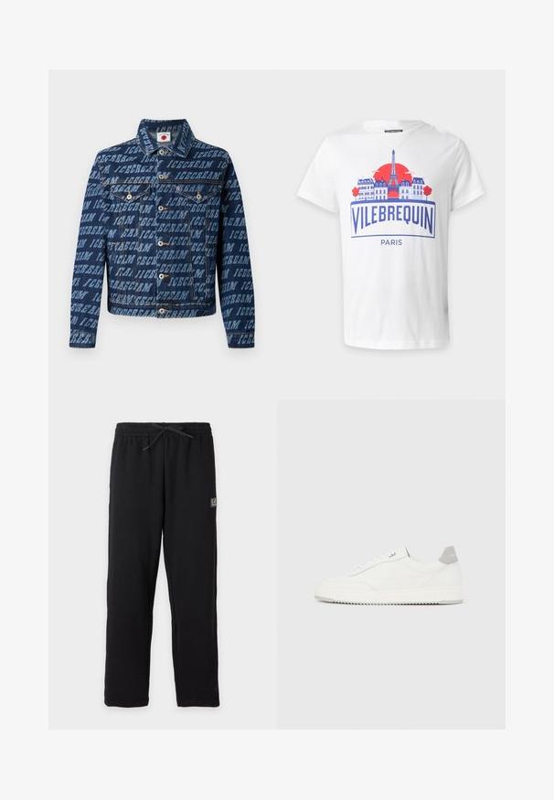 Chaqueta de mezclilla en azul oscuro con un patrón de texto repetido "ICECREAM", cierre de botones, dos bolsillos en el pecho y un diseño de cuello clásico.; Camiseta blanca con gráfico azul y rojo de edificios de París, Torre Eiffel, sol rojo, y texto "Vilebrequin Paris" en el frente.; Pantalones deportivos negros con cintura elástica y cordón, con un pequeño parche rectangular con el logo EA7 en la parte superior del muslo izquierdo.; Zapatilla blanca de corte bajo con pestaña en el talón gris, cordones blancos y suela texturizada, presentada sobre un fondo claro y liso.