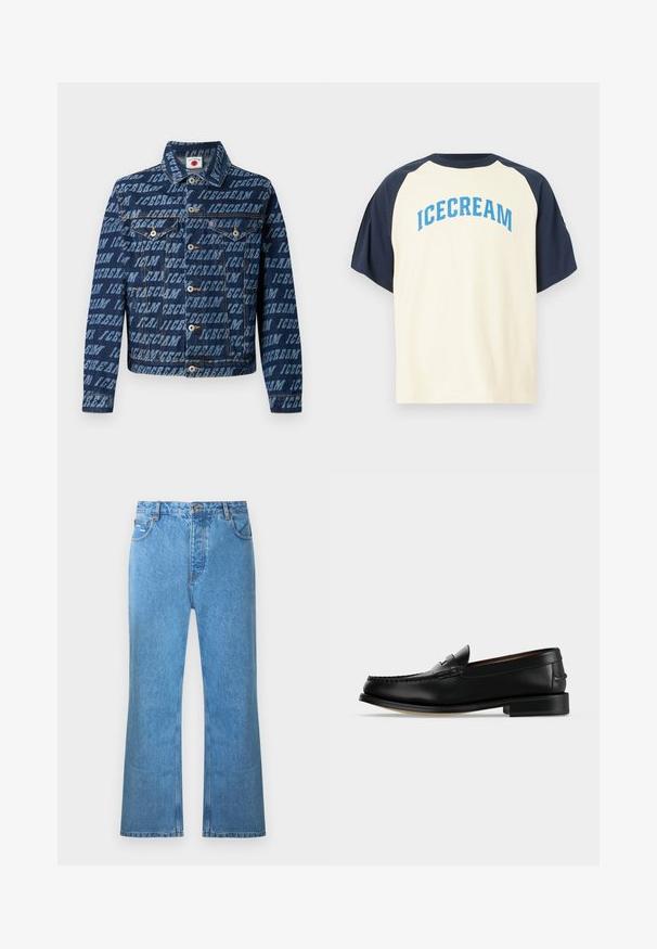 Mørkeblå denimjakke med gentaget "ICECREAM" tekstmønster, knaplukning, to brystlommer og klassisk kravedesign.; Kremfarvet T-shirt med korte ærmer og marineblå raglanærmer, med teksten "ICECREAM" i blåt buet tryk på forsiden. Fremstillet af bomuld.; Lyseblå denim flared jeans med høj talje, fem lommer og diskrete falmninger. Har syningsdetaljer og knaplukning.; Sort læder herre loafer med lav hæl og mokkasinsyning på tåen, vist fra siden på en ensfarvet baggrund.