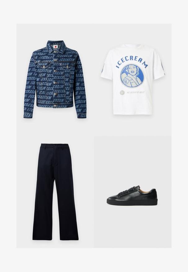 Mørkeblå denimjakke med gentaget "ICECREAM" tekstmønster, knaplukning, to brystlommer og klassisk kravedesign.; Hvid bomulds t-shirt med et blåt grafisk design med et cirkulært is-tema, teksten "ICECREAM" og en ansigtsillustration.; Sorte højtaljede viddebukser med bæltestropper, knap fortil og lynlås lukning på en ensfarvet hvid baggrund.; Sorte lædersneakers med en glat overflade, rund tå og snørebåndslukning. Har en tyk gummisål og minimal branddetalje.