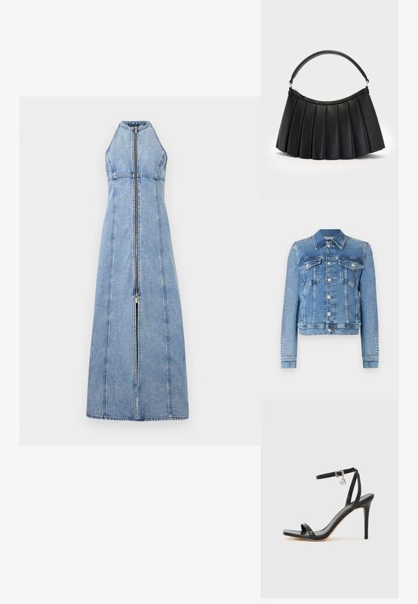 Lys blå denimjakke med klassisk krave, brystlommer og lange ærmer. Ærmerne har metallisk nittetilbehør for et tekstureret udseende.; Ærmeløs maxi-kjole i lyseblå denim med lynlås foran og høj hals, tætsiddende ved taljen og udvidende mod kanten.; Sort hæl-sandal med smal ankrem, firkantet tå-boks, glat lædermateriale og metalspænde som pynt.; Sort plisseret håndtaske lavet af syntetisk læder, med et buet håndtag og lynlåslukning i toppen. Glat tekstur med struktureret design.