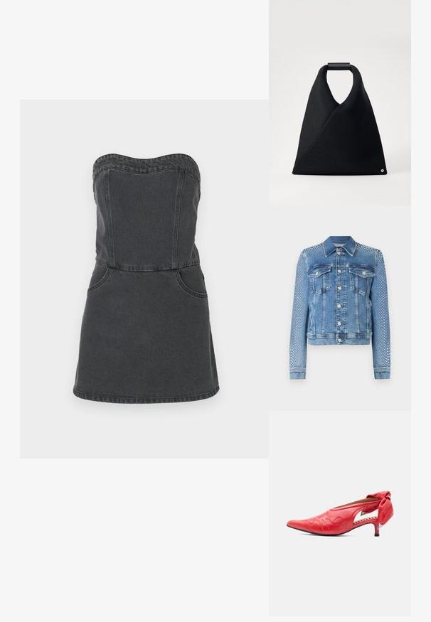 Lys blå denimjakke med klassisk krave, brystlommer og lange ærmer. Ærmerne har metallisk nittetilbehør for et tekstureret udseende.; Strapless denimkjole i mørkegrå, med tætsiddende overdel, to frontlommer og lige kant på nederdelen med synlige syningdetaljer.; Rød lædersko med lav hæl, spids snude, broderet overlæder, sideskæring og stor sløjfedetalje på hælen.; Sort tote bag med en trekantet form, lavet af tekstureret stof, med et rundet håndtag og en lille detalje nederst.