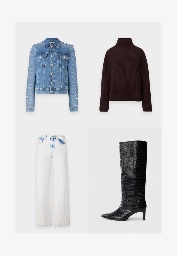 Chaqueta de mezclilla en azul claro con cuello clásico, bolsillos en el pecho y mangas largas. Las mangas presentan acentos metálicos con tachuelas para un aspecto texturizado.; Suéter de cuello alto de punto acanalado en marrón oscuro, con mangas largas y un ajuste ligeramente cuadrado sobre un fondo liso.; Jeans de tiro alto de color azul claro, de pierna ancha, hechos de denim con un lavado desgastado. Presenta un cierre con botón en la parte delantera, bolsillos estándar y detalles sutiles en desgaste.; Botas negras de media caña con textura brillante de patrón de cocodrilo, punta afilada y tacón cónico. Material sintético liso.