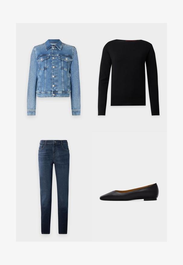 Chaqueta de mezclilla en azul claro con cuello clásico, bolsillos en el pecho y mangas largas. Las mangas presentan acentos metálicos con tachuelas para un aspecto texturizado.; Jersey negro de manga larga con cuello redondo y un diseño sencillo y ajustado sobre un fondo gris claro.; Jeans de mezclilla azul oscuro con un ajuste recto. Cuenta con un cierre de botón y cremallera, cinco bolsillos y costuras en contraste. Textura suave.; Zapato plano de punta puntiaguda de cuero negro con tacón bajo y acabado liso, mostrado de perfil sobre un fondo gris claro.