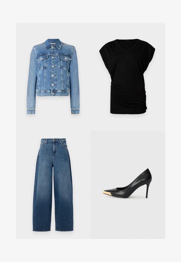 Jeansjacke in hellblau mit klassischem Kragen, Brusttaschen und langen Ärmeln. Die Ärmel sind mit metallischen Nietenverzierungen versehen, die einen strukturierten Look verleihen.; Schwarzes Kurzarmtop mit Rundhalsausschnitt. Aus weichem, elastischem Material mit seitlicher Raffung für eine figurbetonte Optik. Glatte Textur, lockere Form.; Weite Jeans aus dunkelblauem Denim. Mit hoher Taille, fünf Taschen und einer oberen Knopfleiste. Leicht ausgewaschene Textur überall.; Schwarzer Leder-Pumps mit hohen Absätzen und spitzem Zehenbereich; verfügt über einen metallisch goldenen Akzent auf der Zehenkappe. Glatte Oberfläche mit einem eleganten Design.