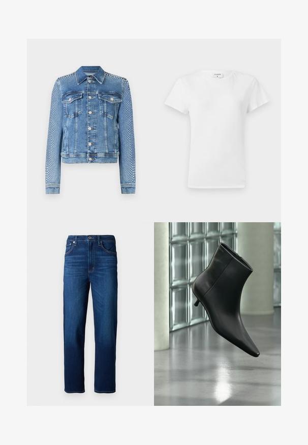 Chaqueta de mezclilla en azul claro con cuello clásico, bolsillos en el pecho y mangas largas. Las mangas presentan acentos metálicos con tachuelas para un aspecto texturizado.; Camiseta blanca de algodón con cuello redondo y mangas cortas, que presenta un corte relajado y un diseño minimalista. Etiqueta visible en el cuello.; Jeans de mezclilla azul oscuro con corte recto, diseño de cinco bolsillos, costuras visibles y cierre de botón. Textura suave.; Botín negro de cuero con punta puntiaguda y tacón bajo estilo kitten, mostrado en ángulo sobre un suelo pulido y con una pared de bloques de vidrio de fondo.
