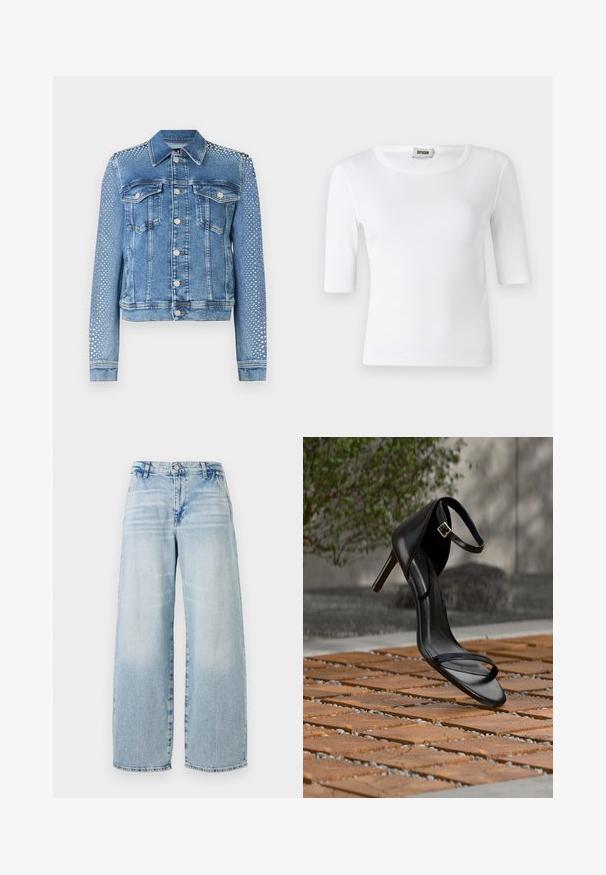 Jeansjacke in hellblau mit klassischem Kragen, Brusttaschen und langen Ärmeln. Die Ärmel sind mit metallischen Nietenverzierungen versehen, die einen strukturierten Look verleihen.; Weißes, geripptes T-Shirt mit rundem Ausschnitt und Ärmeln bis zum Ellbogen. Hergestellt aus einem weichen Material mit glatter Textur. Etikett am Ausschnitt sichtbar.; Hellblaues Denim-Hose mit weitem Bein, hoher Taille, subtilen Used-Effekten, rohem Saum und klassischem Fünf-Taschen-Design.; Schwarze Sandalette mit hohem Absatz und Knöchelriemen schwebt über einem Holzboden im Freien vor verschwommenem Grün und Steinhintergrund.