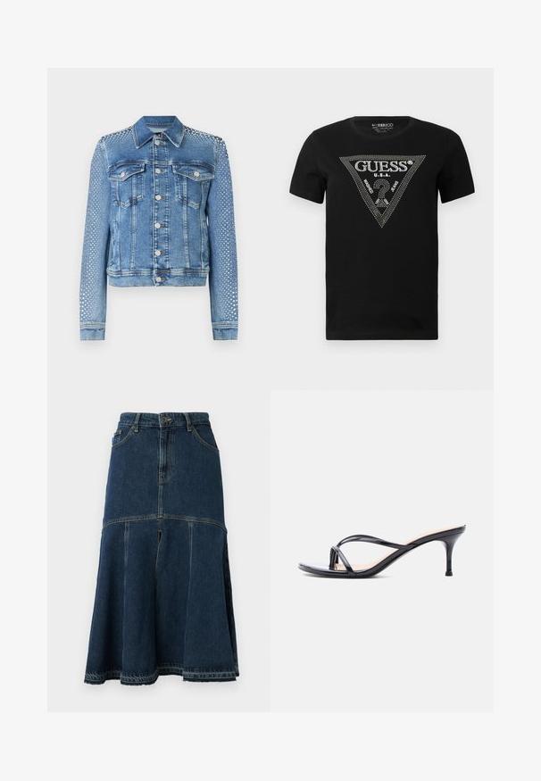 Chaqueta de mezclilla en azul claro con cuello clásico, bolsillos en el pecho y mangas largas. Las mangas presentan acentos metálicos con tachuelas para un aspecto texturizado.; Camiseta de algodón negra con un diseño en forma de triángulo de cristal con el texto "GUESS" y "U.S.A.", cuello redondo y mangas cortas.; Falda de mezclilla en azul oscuro con forma acampanada, con cintura alta, bolsillos delanteros y un dobladillo sin rematar. Textura desgastada y detalles de costura.; Sandalia de tacón de charol negro con tiras finas cruzadas y un tacón de aguja delgado de altura media, sobre un fondo blanco.
