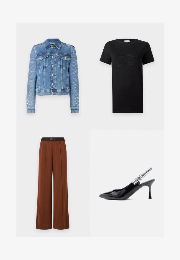 Lichte blauwe denimjacket met klassieke kraag, borstzakken en lange mouwen. Mouwen hebben metalen studs voor een textuurvolle uitstraling.; Zwart katoenen T-shirt met korte mouwen, een ronde hals en een reliëflogo op de voorkant met de tekst "Elisabetta Franchi" en "sinds 1998."; Brede broekspijpen in een rijke bruine stof met een rekbare zwarte tailleband. Voorzien van verticale naden voor een geklede uitstraling en een soepele textuur.; Zwarte gepatineerde leren slingback pump met een spitse neus, gematigd hakje en een band met gedurfde witte branding langs de rand.