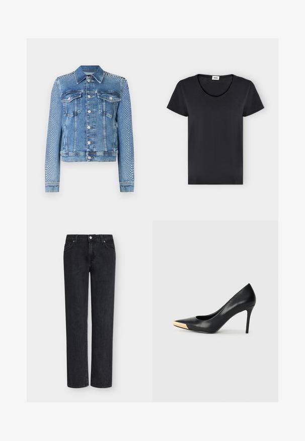 Chaqueta de mezclilla en azul claro con cuello clásico, bolsillos en el pecho y mangas largas. Las mangas presentan acentos metálicos con tachuelas para un aspecto texturizado.; Camiseta negra lisa de manga corta con cuello redondo y una pequeña etiqueta blanca de la marca en el interior del cuello.; Vaqueros negros de pierna recta con diseño clásico de cinco bolsillos, trabillas para cinturón y cierre de botón, mostrados sobre un fondo blanco liso.; Zapato de tacón alto de cuero negro con puntera afilada; presenta un detalle metálico dorado en la tapa del tacón. Superficie lisa con un diseño elegante.