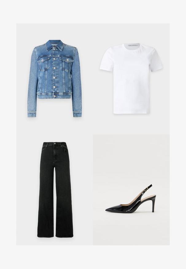 Chaqueta de mezclilla en azul claro con cuello clásico, bolsillos en el pecho y mangas largas. Las mangas presentan acentos metálicos con tachuelas para un aspecto texturizado.; Camiseta blanca lisa de manga corta con cuello redondo y una pequeña etiqueta de la marca en el interior del cuello que dice "Tiger of Sweden."; Vaqueros negros de pierna ancha hechos de mezclilla. Cintura alta con cierre de botón y diseño de cinco bolsillos. Textura lisa con un desgaste mínimo.; Zapatos de charol negro con tirante al tobillo, punta afilada, tacón delgado y un diseño de corte sutil. Presenta una hebilla dorada en la correa.