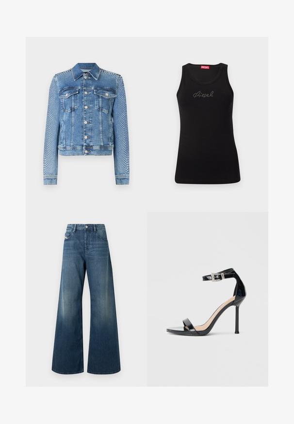 Chaqueta de mezclilla en azul claro con cuello clásico, bolsillos en el pecho y mangas largas. Las mangas presentan acentos metálicos con tachuelas para un aspecto texturizado.; Camiseta negra sin mangas con el logo "Diesel" en pedrería en el pecho y etiqueta de marca roja en el interior del escote.; Jeans de piernas anchas en denim azul oscuro, con un acabado desgastado, diseño tradicional de cinco bolsillos y cierre con botón de metal en la cintura.; Sandalia de tacón alto en piel sintética negra con correa en el tobillo. Presenta un diseño minimalista, punta abierta y una hebilla con detalles de pedrería.