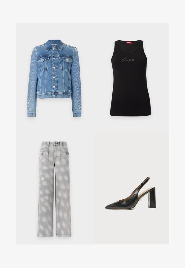 Jeansjacke in hellblau mit klassischem Kragen, Brusttaschen und langen Ärmeln. Die Ärmel sind mit metallischen Nietenverzierungen versehen, die einen strukturierten Look verleihen.; Schwarzes ärmelloses Tanktop mit funkelndem "Diesel"-Logo auf der Brust und rotem Markenschild im inneren Nackenbereich.; Hellgraue Denim-Jeans im weiten Schnitt mit hoher Taille, vier Taschen und einem ausgewaschenen Muster für eine entspannte Passform.; Schwarzer Leder-Slingback-Schuh mit spitzer Kappe, hohem Blockabsatz und beigegefüttertem Innenraum vor hellem, einfarbigem Hintergrund.