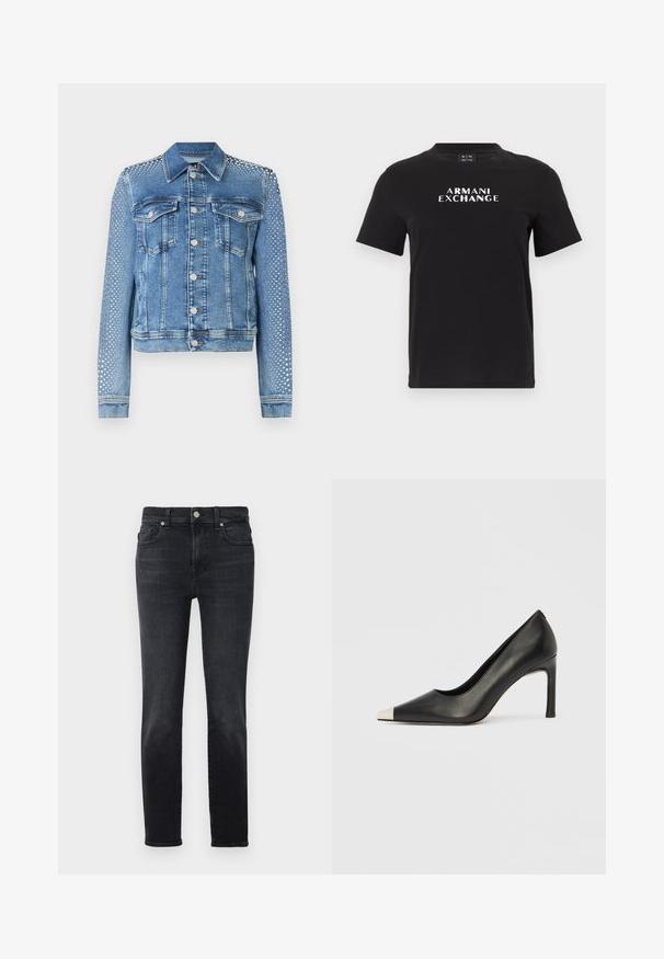 Lys blå denimjakke med klassisk krave, brystlommer og lange ærmer. Ærmerne har metallisk nittetilbehør for et tekstureret udseende.; Sort t-shirt med korte ærmer og "ARMANI EXCHANGE" trykt i hvide store bogstaver centreret på brystet.; Sorte denimjeans med lige ben, der har knaplukning, fem lomme-design og subtile sømdetaljer.; Sort læder højhælet sko med spids tå og metal-sølv hætte. Har en glat finish og en slank hæl på 10 cm.