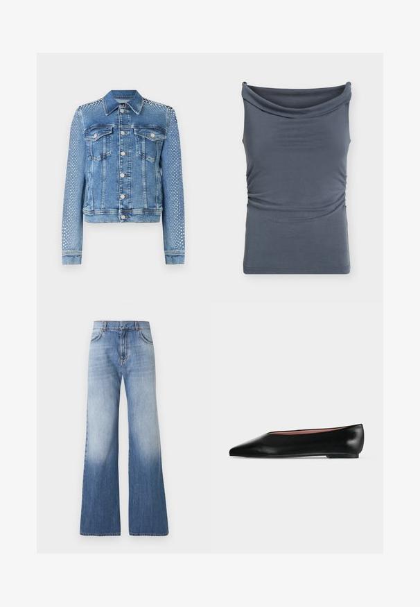Jeansjacke in hellblau mit klassischem Kragen, Brusttaschen und langen Ärmeln. Die Ärmel sind mit metallischen Nietenverzierungen versehen, die einen strukturierten Look verleihen.; Ärmelloses dunkelgraues Top mit weitem, drapiertem Bootsausschnitt und feiner seitlicher Raffung.; Hellblaue Jeans mit hoher Taille, weitem Bein, vorderen Taschen, Gürtelschlaufen und Verblassung von der Mitte des Oberschenkels bis zum Saum vor einem einfarbigen Hintergrund.; Schwarzer flacher Damenleder-Schuh mit spitzer Kappe und niedrigem Absatz, von der Seite auf einfarbigem hellgrauem Hintergrund gezeigt.
