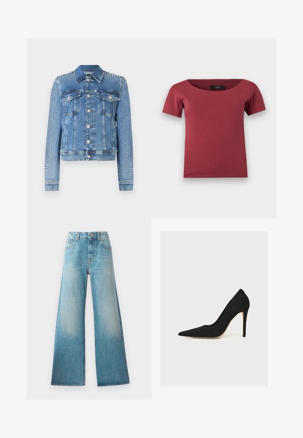 Jeansjacke in hellblau mit klassischem Kragen, Brusttaschen und langen Ärmeln. Die Ärmel sind mit metallischen Nietenverzierungen versehen, die einen strukturierten Look verleihen.; Damenoberteil mit kurzen Ärmeln in dunklem rosenrot, weiter Rundhalsausschnitt und figurbetontem Schnitt, flach auf weißem Hintergrund liegend.; Helle blaue Denim-Hosen mit weitem Bein und hoher Taille, Fünf-Taschen-Design und subtilen Ausbleichungen an den Oberschenkeln. Kupferfarbene Hardware-Details.; Schwarzer, spitz zulaufender Stiletto-Pump mit dünnem Absatz, seitlich auf weißem Hintergrund fotografiert.