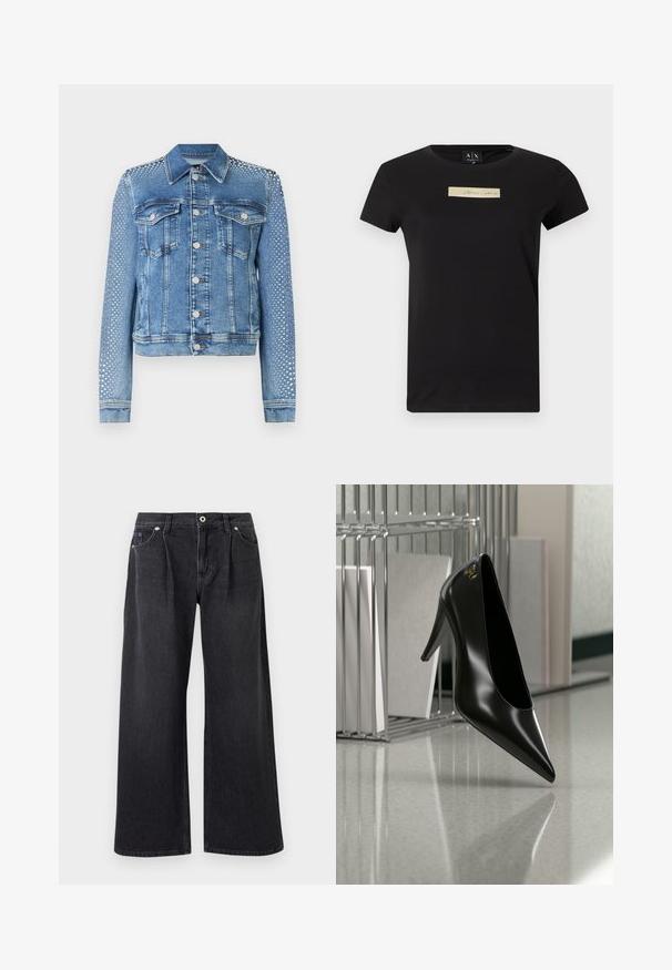Chaqueta de mezclilla en azul claro con cuello clásico, bolsillos en el pecho y mangas largas. Las mangas presentan acentos metálicos con tachuelas para un aspecto texturizado.; Camiseta negra de manga corta con un pequeño parche rectangular beige que dice "Armani Exchange" centrado en el pecho.; Vaqueros negros de pierna ancha, confeccionados en denim, con cierre de botón frontal, dos bolsillos frontales y un acabado limpio sin adornos.; Zapato de tacón alto negro con punta afilada y logo dorado, colocado sobre una superficie reflectante cerca de un organizador de archivos de alambre cromado con documentos.