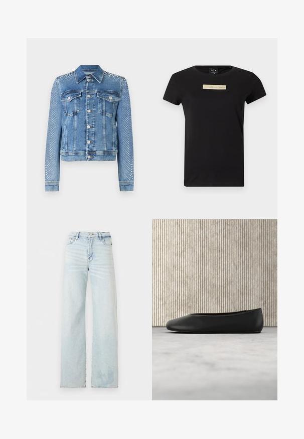 Lichte blauwe denimjacket met klassieke kraag, borstzakken en lange mouwen. Mouwen hebben metalen studs voor een textuurvolle uitstraling.; Zwart T-shirt met korte mouwen en een kleine beige rechthoekige patch met de tekst "Armani Exchange" centraal op de borst.; Lichtgewassen, hooggetailleerde jeans met rechte pijpen, voorzakken, knoopsluiting en subtiele vervaagde details.; Zwarte leren balletflat met een afgeronde neus, een gladde textuur en een gouden logoaccent aan de zijkant. Geplaatst boven een reflecterend oppervlak.