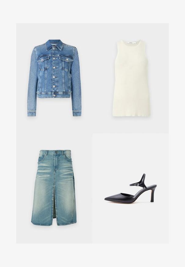 Jeansjacke in hellblau mit klassischem Kragen, Brusttaschen und langen Ärmeln. Die Ärmel sind mit metallischen Nietenverzierungen versehen, die einen strukturierten Look verleihen.; Ärmelloses cremefarbenes Tanktop aus geripptem Stoff, mit rundem Halsausschnitt und enger Passform. Keine sichtbaren Muster oder Akzente.; Jeansrock in Hellblau, mit einem Schlitz vorne und verwaschenem Look. Standardbund mit Gürtelschlaufen und klassischem Fünf-Taschen-Design.; Schwarzer spitzer High Heel mit dünnem Knöchelriemen und silberner Schnalle, glatte Lederoberfläche, eleganter Damenschuh.
