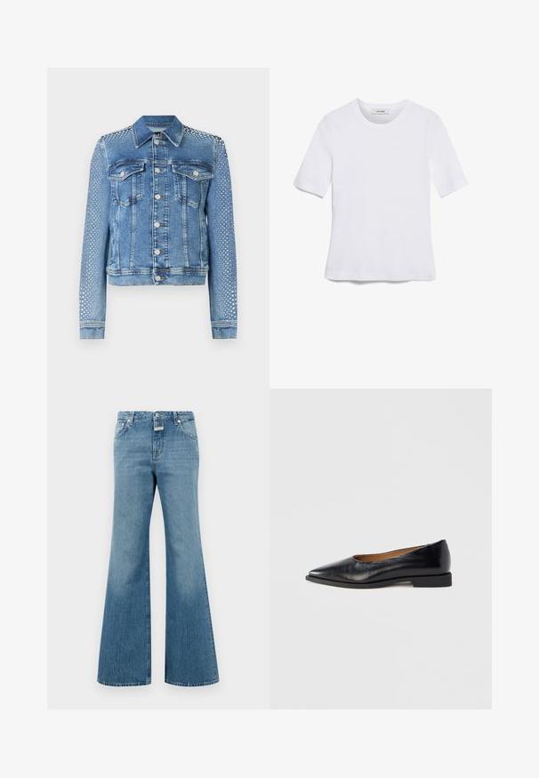 Lys blå denimjakke med klassisk krave, brystlommer og lange ærmer. Ærmerne har metallisk nittetilbehør for et tekstureret udseende.; Hvid kortærmet t-shirt lavet af ribbet stof. Rund halsudskæring, almindelig pasform og subtile syninger. Ingen mønstre eller grafik.; Lyseblå denim flarebukser med medium talje, der har frontlommer, én knaplukning og subtile slidser.; Sort læder flad sko med spids tå og lav firkantet hæl. Glat tekstur, minimalistisk design og uden synlige beslag eller mønstre.