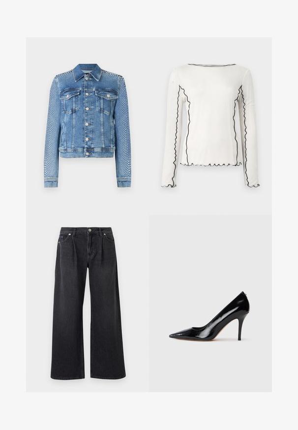 Chaqueta de mezclilla en azul claro con cuello clásico, bolsillos en el pecho y mangas largas. Las mangas presentan acentos metálicos con tachuelas para un aspecto texturizado.; Top de manga larga en algodón blanco con ribete ondulado negro a lo largo del escote y las costuras, presenta un escote redondo y una silueta ajustada.; Vaqueros negros de pierna ancha, confeccionados en denim, con cierre de botón frontal, dos bolsillos frontales y un acabado limpio sin adornos.; Zapato de salón de charol negro con tacón alto y punta afilada, con textura suave y tacón de aguja delgado. Sin herrajes visibles.