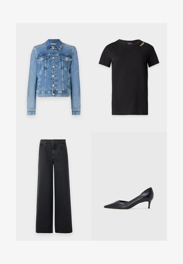 Jeansjacke in hellblau mit klassischem Kragen, Brusttaschen und langen Ärmeln. Die Ärmel sind mit metallischen Nietenverzierungen versehen, die einen strukturierten Look verleihen.; Schwarzes kurzärmeliges T-Shirt mit rundem Ausschnitt und kleinem goldfarbenem Schriftzug nahe der linken Schulter, mit Armani Exchange Label innen im Kragen.; Schwarze Jeans mit weitem Bein aus Denim, mit Metallnieten entlang des Bunds und der Seitennähte. Verfügt über klassischen Fünf-Taschen-Stil und eine lockere Passform.; Schwarzer Pumps aus Leder mit spitzer Zehenpartie und niedrigem Absatz. Verfügt über eine glatte Textur und dezenten Glanz. Vordere Öffnung für ein zusätzliches Detail.