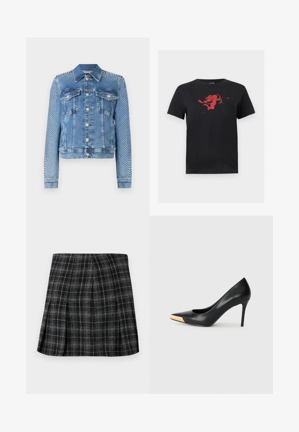 Lichte blauwe denimjacket met klassieke kraag, borstzakken en lange mouwen. Mouwen hebben metalen studs voor een textuurvolle uitstraling.; Zwart t-shirt met korte mouwen en een rode cupido die een boog en pijl vasthoudt, gecentreerd op de borst.; Zwarte en grijze geruite rok met plooien, met een gestructureerd ontwerp en klassiek ruitpatroon. De stof lijkt textuur te hebben en op maat gemaakt.; Zwarte leren hoge hak pump met een spitse neus; heeft een metallic gouden accent op de neuskap. Glad oppervlak met een stijlvolle vormgeving.