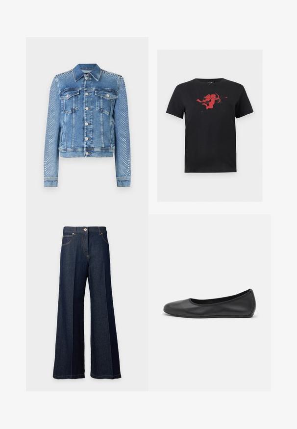 Jeansjacke in hellblau mit klassischem Kragen, Brusttaschen und langen Ärmeln. Die Ärmel sind mit metallischen Nietenverzierungen versehen, die einen strukturierten Look verleihen.; Schwarzes T-Shirt mit kurzen Ärmeln und einer roten Grafik eines Amor mit Bogen und Pfeil, die mittig auf der Brust platziert ist.; Weit geschnittene dunkelblaue Jeans aus Denim mit vorderem Knopf und Taschen, gezeigt vor weißem Hintergrund.; Schwarze Leder-Ballettschuhe mit abgerundeter Spitze, glatter Textur, minimalen Nähdetails und einem flexiblen Sohlen-Design.