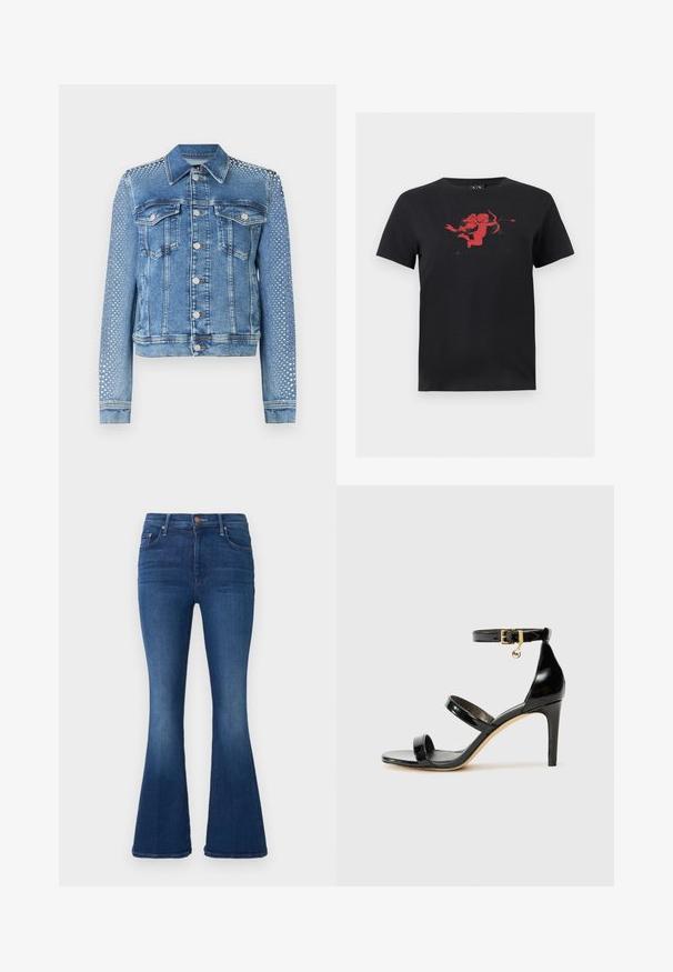Lys blå denimjakke med klassisk krave, brystlommer og lange ærmer. Ærmerne har metallisk nittetilbehør for et tekstureret udseende.; Sort kortærmet t-shirt med et rødt motiv af en amor, der holder en bue og pil, centreret på brystet.; Blå denimjeans med høj talje og vide ben, med forlommer, kobberknapper og en synlig lynlås.; Sorte patenterede lædersandaler med tre stropper, ankelspænde og 10 cm stiletthæl. Har detaljer i guld og et logo charms.