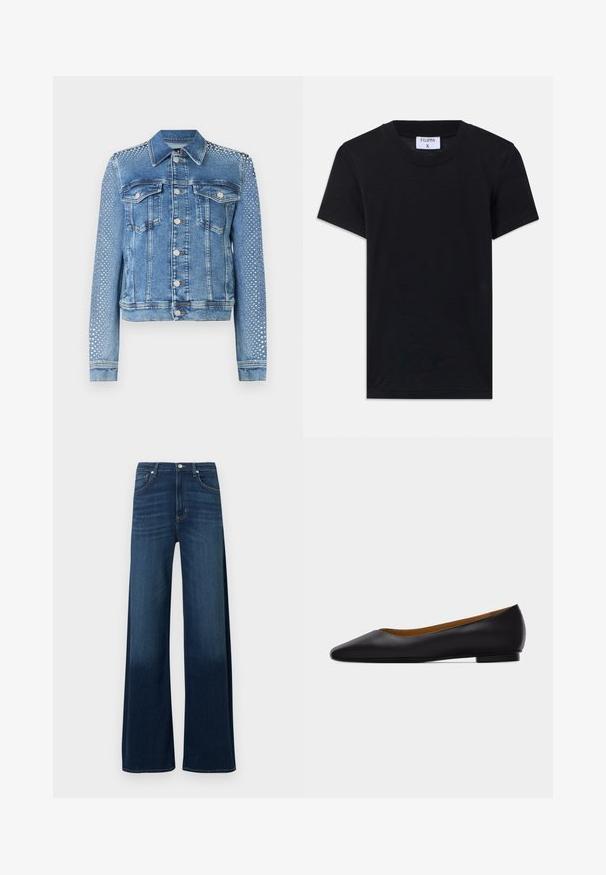 Chaqueta de mezclilla en azul claro con cuello clásico, bolsillos en el pecho y mangas largas. Las mangas presentan acentos metálicos con tachuelas para un aspecto texturizado.; Camiseta de algodón negra con cuello redondo, mangas cortas y un corte relajado. La etiqueta dice "FILIPPA K" en el escote.; Vaqueros de pierna ancha en denim azul oscuro. Presentan una cintura alta, cinco bolsillos, sutiles marcas de desgaste y detalles de costura a lo largo de las costuras.; Zapato plano de punta puntiaguda de cuero negro con tacón bajo y acabado liso, mostrado de perfil sobre un fondo gris claro.