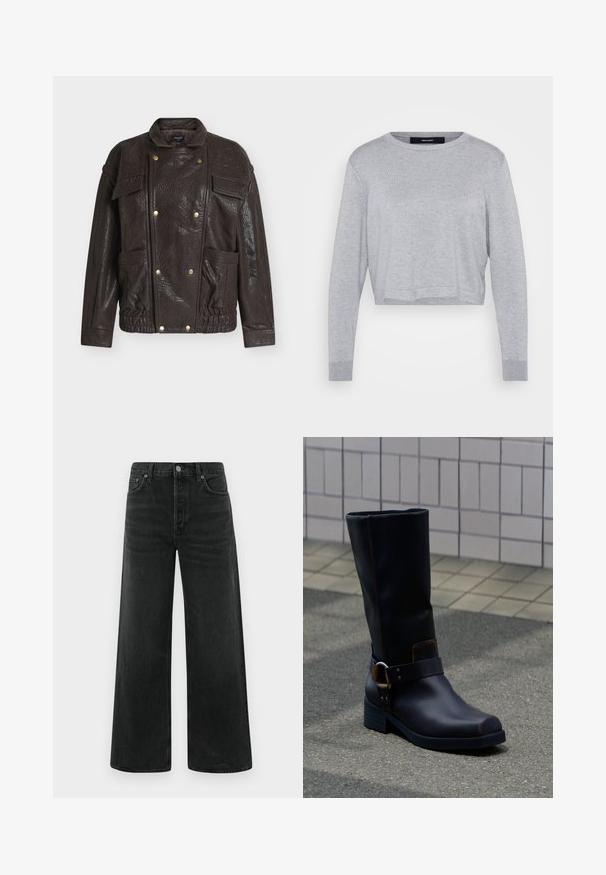 Veste marron en similicuir avec col montant, poches avant, ferrures dorées et finition texturée. Conception avec taille cintrée.; Sweater court gris clair avec un col rond, des manches longues, des poignets côtelés, et une finition douce et texturée.; Jean en denim noir à jambes larges, taille haute, poches avant et fermeture classique par bouton. Le tissu présente une finition lisse avec une légère texture.; Botte en cuir noire mi-mollet avec un talon bas et une bride décorative avec boucle en métal, posée sur une surface pavée grise près d'un mur carrelé.