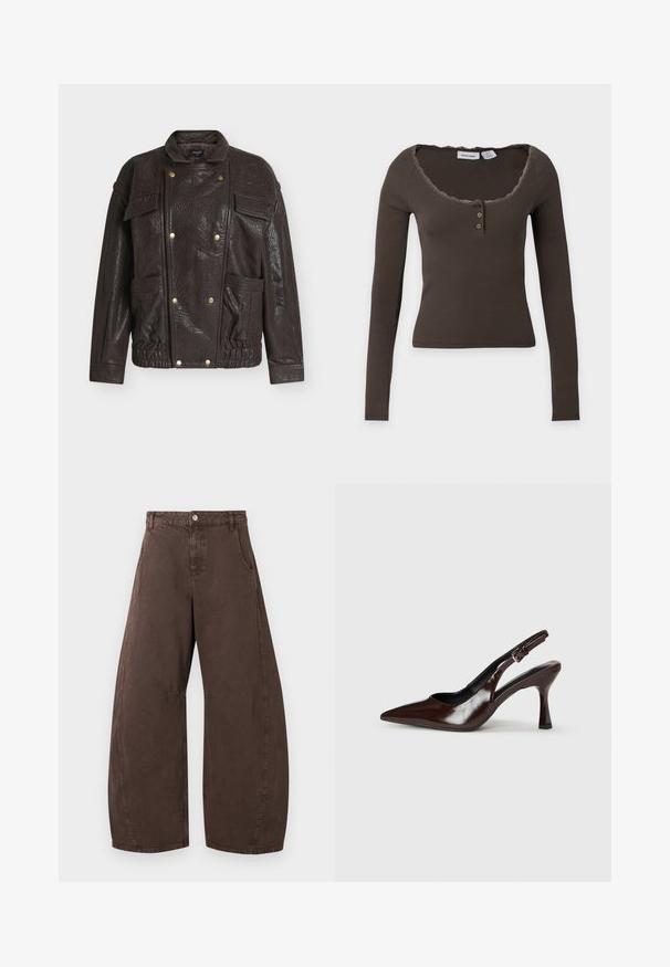 Veste marron en similicuir avec col montant, poches avant, ferrures dorées et finition texturée. Conception avec taille cintrée.; Top marron côtelé à manches longues avec encolure dégagée, deux boutons à l’avant et bordure en dentelle autour du col.; Pantalon marron à jambes larges avec taille haute, fermeture avant à boutons et fermeture éclair, et poches latérales, présenté à plat sur fond blanc.; Talons slingback en cuir verni brun avec un bout pointu, un talon fin, et une sangle réglable avec une petite boucle.