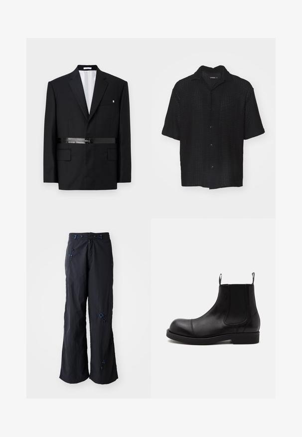 Blazer noir ajusté avec une coupe slim, épaules structurées, détail de ceinture en satin et deux poches avant. Intérieur doublé en blanc.; Chemise noire à manches courtes avec un design en tricot ouvert texturé, dotée d'un col et d'une fermeture par bouton. Tissu léger avec une coupe décontractée.; Pantalons noirs, légers et à jambes larges avec une finition texturée. Présente des accents bleus et des cordons pour un ajustement. Fermeture éclair.; Bottine Chelsea en cuir noir à bout arrondi, panneaux latéraux élastiques, languettes à l’avant et à l’arrière, semelle plate, vue de côté sur fond blanc.