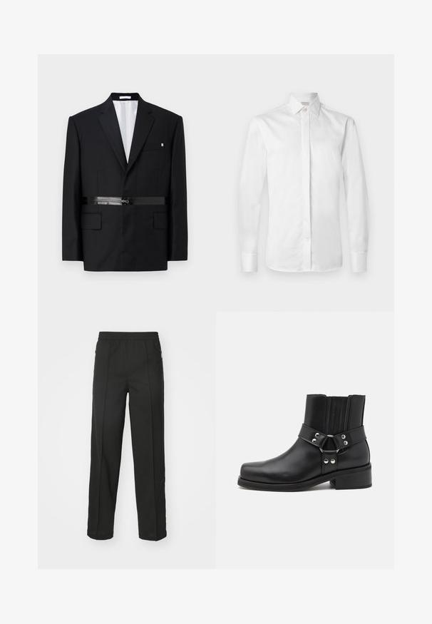 Blazer noir ajusté avec une coupe slim, épaules structurées, détail de ceinture en satin et deux poches avant. Intérieur doublé en blanc.; Chemise blanche à manches longues en coton lisse avec un col pointu, une patte de boutonnage et des poignets boutonnés, présentant un design net et épuré.; Pantalons noirs en tissu extensible, à coupe droite, avec poches zippées sur les côtés et texture lisse sans motifs visibles.; The Kooples CHAUSSURES - Bottines de cowboy / motard - black