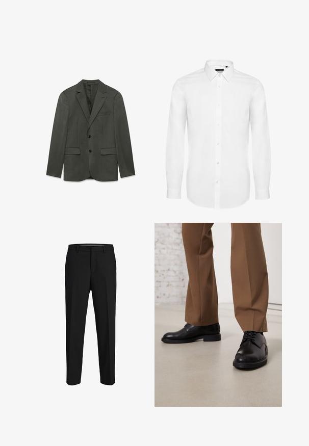 Dunkelgraue Herrenanzugjacke mit Revers, zwei vorderen Knöpfen, Klapptaschen und einer Brusttasche, flach auf einem weißen Hintergrund präsentiert.; Weißes Langarmhemd aus gewebtem Stoff, mit Button-Down-Kragen, durchgehender Knopfleiste und geknöpften Ärmeln. Minimalistisches Design.; Schwarze Hose aus glattem Material, mit geradem Schnitt, Gürtelschlaufen und flachem Vorderteil ohne sichtbare Muster oder Verzierungen.; Schwarze Lederschuhe mit glatter Oberfläche und runder Zehenpartie, mit Schnürverschluss und einer flachen, niedrigen Sohle. Kombiniert mit braunen Hosen.