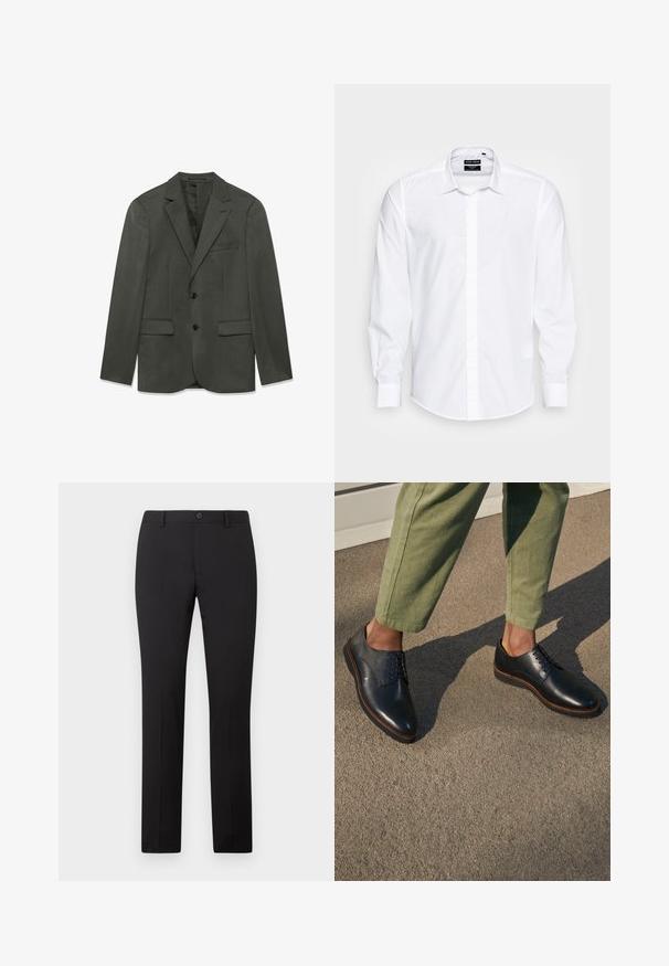 Chaqueta de traje de hombre en gris oscuro con solapas tipo notch, dos botones delanteros, bolsillos con solapa y un bolsillo en el pecho, presentada plana sobre un fondo blanco.; Camisa blanca de manga larga fabricada en una tela suave, con cuello abotonado y parte frontal recta con tapeta oculta.; Pantalones negros a medida con diseño de pierna recta, con cierre de botón y trabillas para cinturón. Hechos de tela suave sin patrones visibles.; Zapatos negros de cuero con cordones, punteras puntiagudas y costuras marrones, usados con pantalones verdes sobre una superficie gris.