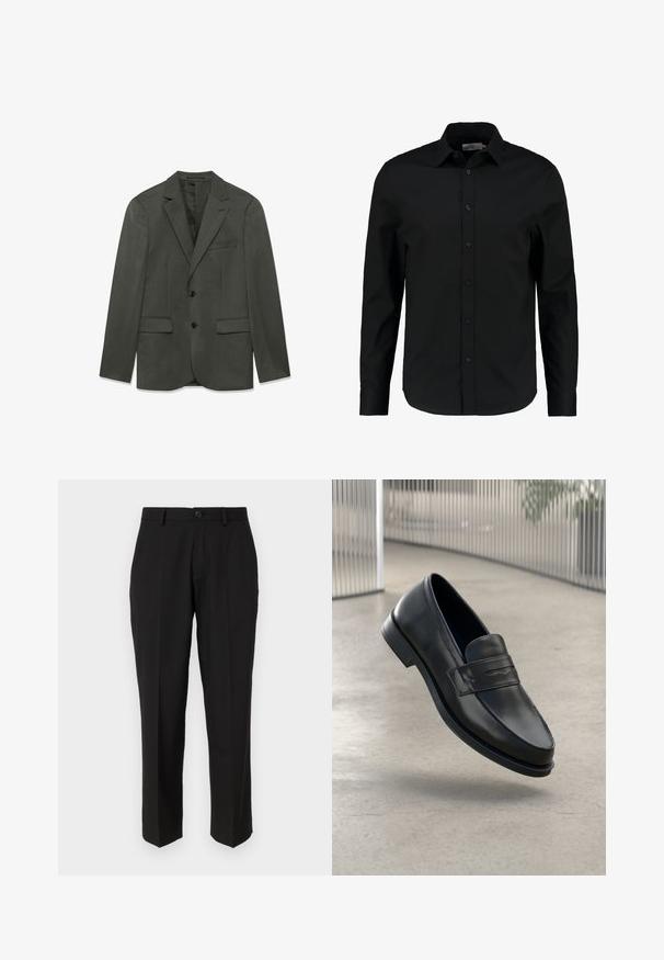 Chaqueta de traje de hombre en gris oscuro con solapas tipo notch, dos botones delanteros, bolsillos con solapa y un bolsillo en el pecho, presentada plana sobre un fondo blanco.; Camisa negra de manga larga hecha de tela suave, con botones en la parte delantera, cuello puntiagudo y un corte entallado con un dobladillo curvado.; Pantalones negros de tela suave, con un diseño de pierna recta, bolsillos delanteros, un cierre de botón y sin patrones visibles.; Mocasín de cuero negro con textura suave, punta puntiaguda y una correa decorativa a lo largo del empeine. Suela ligera, diseño minimalista.
