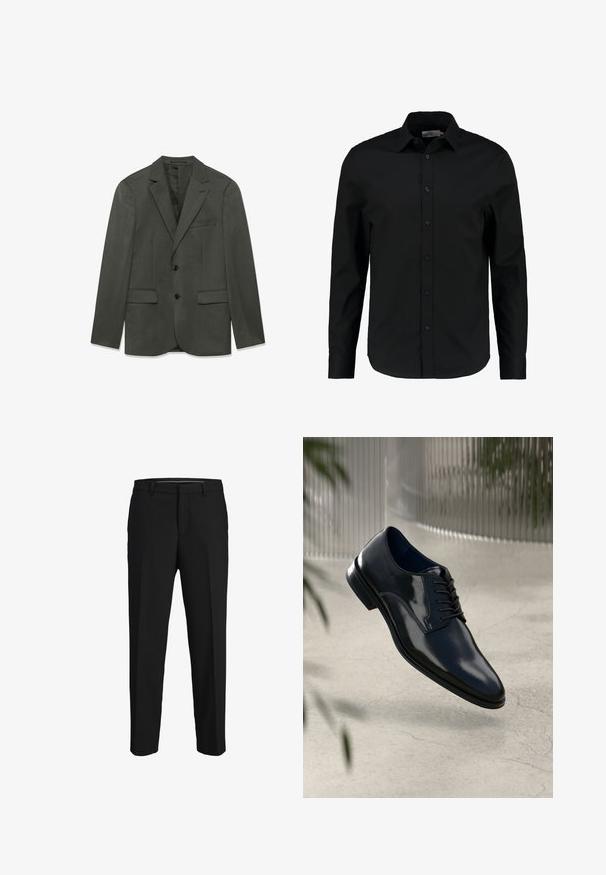 Dunkelgraue Herrenanzugjacke mit Revers, zwei vorderen Knöpfen, Klapptaschen und einer Brusttasche, flach auf einem weißen Hintergrund präsentiert.; Schwarzes Langarmhemd aus glattem Stoff, mit Knopfleiste, spitzem Kragen und taillierter Passform mit abgerundetem Saum.; Schwarze Hose aus glattem Material, mit geradem Schnitt, Gürtelschlaufen und flachem Vorderteil ohne sichtbare Muster oder Verzierungen.; Dunkelblaue Lederschuhe mit einem polierten Finish, Schnürdesign, leicht geschwungenem Zehenbereich und einer glatten Textur.