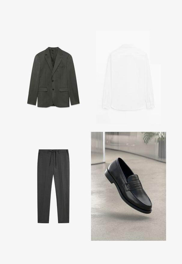 Dunkelgraue Herrenanzugjacke mit Revers, zwei vorderen Knöpfen, Klapptaschen und einer Brusttasche, flach auf einem weißen Hintergrund präsentiert.; Rückansicht eines schlichten weißen Hemdes mit langen Ärmeln, Kragen und geknöpften Manschetten vor weißem Hintergrund.; Dunkelgraue, gerade geschnittene Hose mit Gürtelschlaufen und gebundenem Stoffgürtel in der Taille, auf weißem Hintergrund gezeigt.; Schwarzer Lederloafer mit glatter Textur, spitzer Zehe und einem dekorativen Riemen über dem Rist. Leichte Sohle, minimalistisches Design.