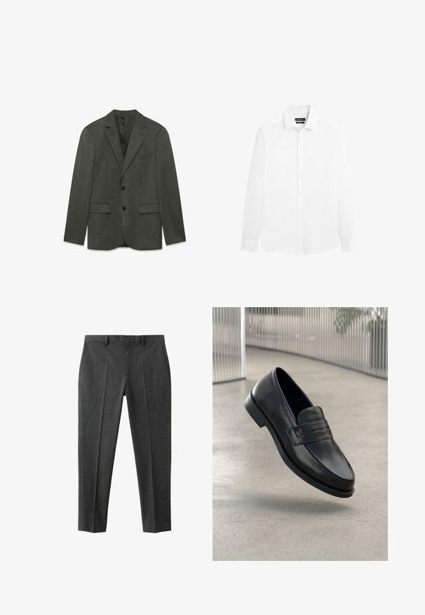 Dunkelgraue Herrenanzugjacke mit Revers, zwei vorderen Knöpfen, Klapptaschen und einer Brusttasche, flach auf einem weißen Hintergrund präsentiert.; Weißes langärmliges Hemd mit Kragen und Knöpfen vorne, dargestellt auf weißem Hintergrund.; Grau maßgeschneiderte Hosen aus gewebtem Stoff, mit flacher Vorderseite, zwei Seitentaschen und einem schlanken, zulaufenden Bein-Design.; Schwarzer Lederloafer mit glatter Textur, spitzer Zehe und einem dekorativen Riemen über dem Rist. Leichte Sohle, minimalistisches Design.