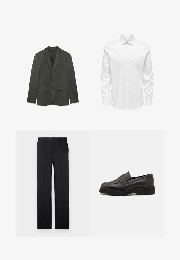 Chaqueta de traje de hombre en gris oscuro con solapas tipo notch, dos botones delanteros, bolsillos con solapa y un bolsillo en el pecho, presentada plana sobre un fondo blanco.; Camisa de vestir blanca para hombre de manga larga con cuello puntiagudo y fila frontal de botones blancos sobre un fondo liso.; Pantalones negros a medida con corte recto, tejido suave, pliegues frontales y un cierre de botón en la cintura.; Mocasín de cuero negro con punta redonda, detalles de costura y suela gruesa y texturizada. Presenta un diseño elegante y minimalista.