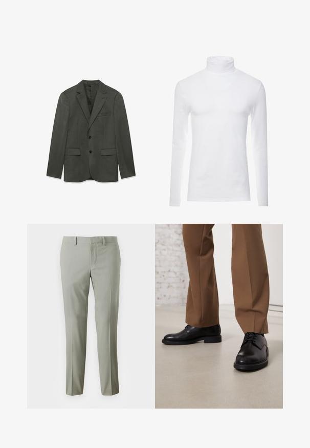 Dunkelgraue Herrenanzugjacke mit Revers, zwei vorderen Knöpfen, Klapptaschen und einer Brusttasche, flach auf einem weißen Hintergrund präsentiert.; Weißes Langarm-Turtleneck-Shirt aus weichem, dehnbarem Stoff. Verfügt über einen hohen Kragen und eine figurbetonte Passform, die eine schlanke Silhouette bietet.; Hellgraue Hose mit taillierter Passform, aus glattem Stoff, mit geraden Beinen und einem schlichten Bund ohne sichtbare Beschläge.; Schwarze Lederschuhe mit glatter Oberfläche und runder Zehenpartie, mit Schnürverschluss und einer flachen, niedrigen Sohle. Kombiniert mit braunen Hosen.
