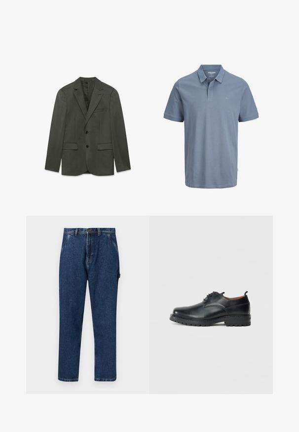 Dunkelgraue Herrenanzugjacke mit Revers, zwei vorderen Knöpfen, Klapptaschen und einer Brusttasche, flach auf einem weißen Hintergrund präsentiert.; Hellblaues Poloshirt mit kurzen Ärmeln, Kragen, zwei Knöpfen und einem kleinen gestickten Ampersand auf der Brust. Keine sichtbaren Muster.; Dunkelblaue Jeans mit geradem Bein, vorderen Taschen, Gürtelschlaufen, Knopfverschluss und einer Schlaufenverzierung auf der rechten Seite.; Schwarze Leder Derby-Schuhe mit glatter Textur, runder Zehenform, Schnürdesign und einer dicken, robusten Gummisohle.