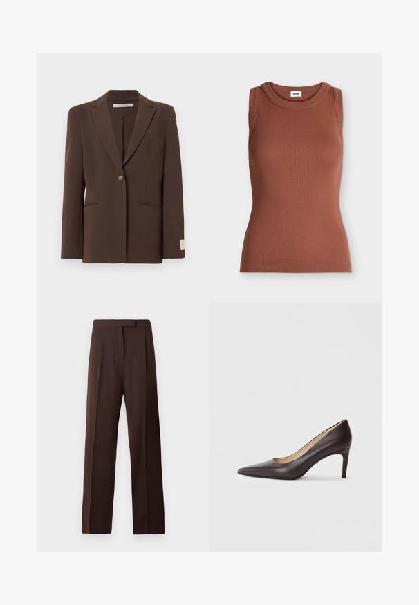 Blazer marron ajusté avec un seul bouton, revers crantés, deux poches fendues à l'avant et une étiquette blanche sur le poignet gauche.; Débardeur marron slim fit en côtes sans manches avec encolure ronde et étiquette de marque à l’intérieur du col.; Pantalons droits en chocolat foncé, ajustés, avec une taille et un système de fermeture dissimulé à l'avant sur un fond blanc.; Chaussure à talon haut en cuir marron à bout pointu avec un talon fin de 7 cm, texture lisse et design minimaliste. Pas d'ornements visibles.