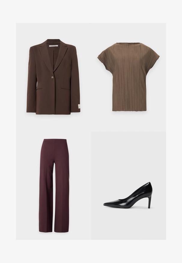 Blazer marron ajusté avec un seul bouton, revers crantés, deux poches fendues à l'avant et une étiquette blanche sur le poignet gauche.; Haut marron à manches courtes avec des plis verticaux et un col rond, présenté sur un fond blanc uni.; Pantalon large marron foncé avec taille haute et devant lisse, présenté sur un fond clair uni.; Chaussure à talon haut en cuir noir avec un bout pointu, texture lisse et un talon effilé. Design minimaliste, sans embellissements supplémentaires.