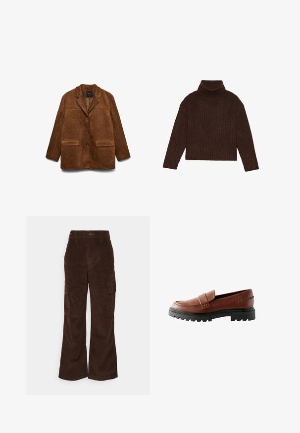 Brun ruskindsjakke med hakkraven, tre knapper foran og to klaplommer på hvid baggrund.; Brun ribbet turtleneck sweater med lange ærmer og cropped silhuet, med et tykkere, struktureret strikdesign.; Hollister Co. Bukser - chicory; Brune læder loafers med en forhøjet tåhætte, dekorativ rem og tekstureret sort gummisål med markant mønster.