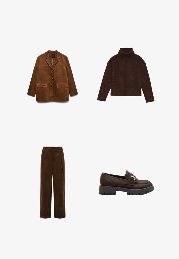 Brun ruskindsjakke med hakkraven, tre knapper foran og to klaplommer på hvid baggrund.; Brun ribbet turtleneck sweater med lange ærmer og cropped silhuet, med et tykkere, struktureret strikdesign.; Brune vidde kordbuksere med knaplukning foran, sidelommer og højtaljet.; Mørkebrune ruskindssko med chunky sort slidssål og gyldent dekorativt spænde på toppen, sidevisning.