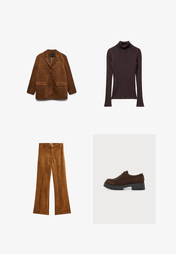 Brun ruskindsjakke med hakkraven, tre knapper foran og to klaplommer på hvid baggrund.; Mørkebrun ribbet turtleneck sweater med en tæt siddende krave og lange ærmer, der har en struktureret tekstil og lige kant.; Brune fløjl flared bukser med en tekstureret finish, fem lommer og knaplukning. Flad talje med bæltestropper og et bred ben design.; Brun ruskind snøresko med tyk sort grovmønstret sål og lav hæl, vist fra siden på en ensartet lys baggrund.